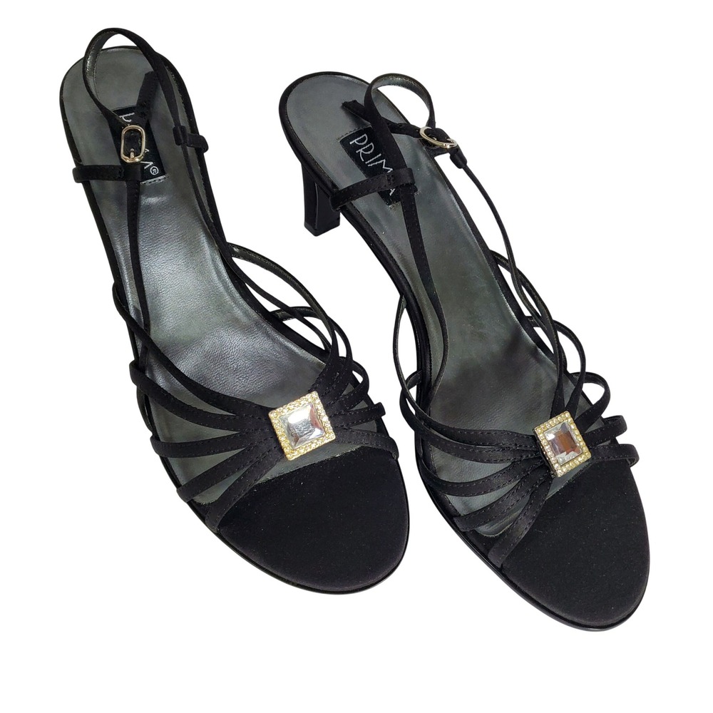 Prima Liza‎ Black Satin Strappy Embellished Heels Size 10M Women